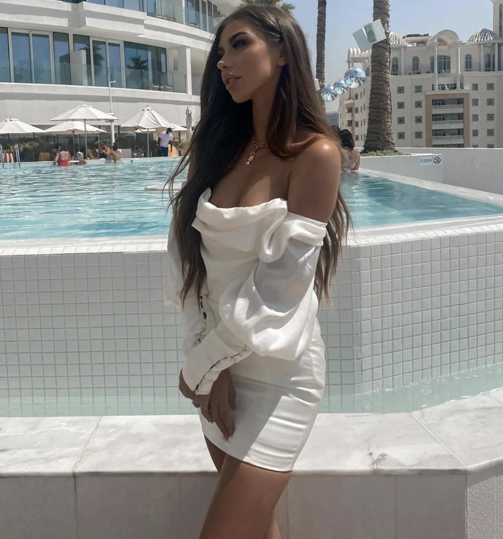 

Sale New 2020 Women Sexy Fashion Long Sleeve Off the Shoulder Party Dress Elegant Celebrity Satin Prom Cocktail Bodycon Dress