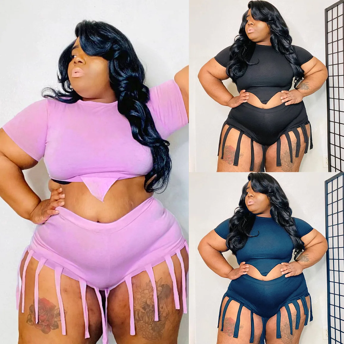 

Женский однотонный костюм с коротким рукавом, круглым вырезом и кисточками