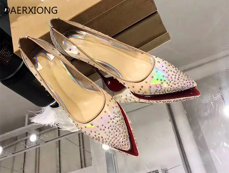 

2021 Fashion Brand Women Net Yarn Flashing Diamond Stiletto High Heels Breathable Sexy Pointed Wedding Party Pumps Dress Shoes