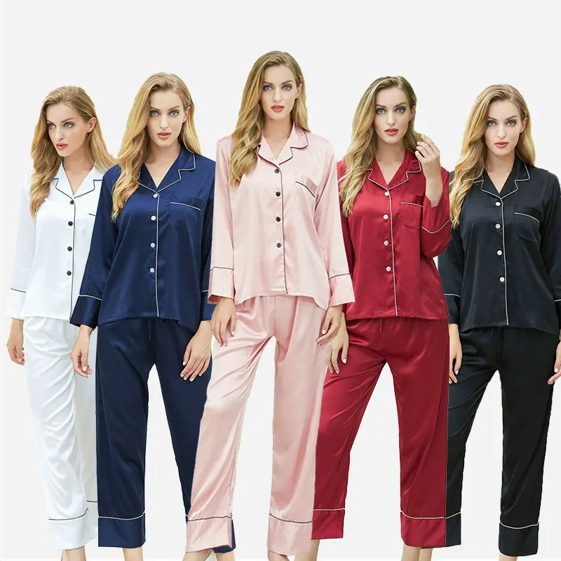 Satin Long pajamas set Silk Satin Pajamas Set Two-Piece Pj Sets Sleepwear Loungewear Button-Down Pj Sets pajamas for women