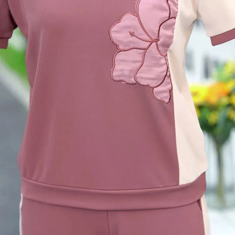 

Mom Classy summer two piece Fashion O-Neck Embroidery short sleeves top+Ankle-Length pant Casual loose cotton plus size sets