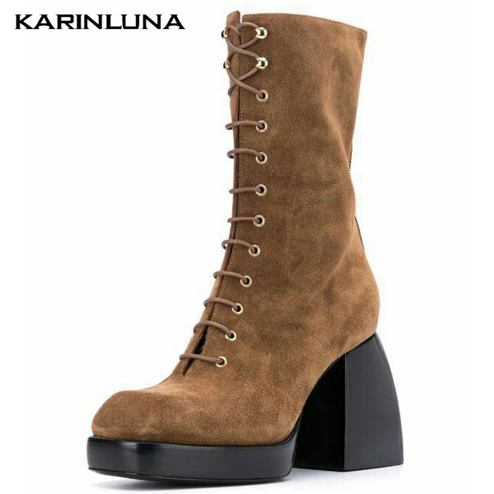 

Karinluna New Large Sizes 43 Fashion Brand INS HOT Square High Heels Genuine Leather Cow Skin Shoes Boots Women