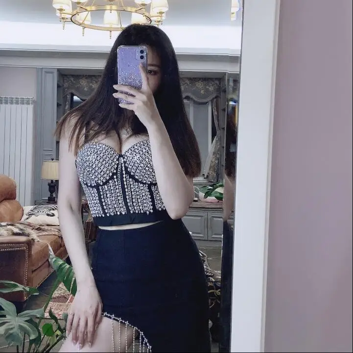 Hot Chain Drilling Women's New Fashion Sexy Sleeveless Push Up Night Club Bralette Metal Outer Wear Bustier Crop Tops L544
