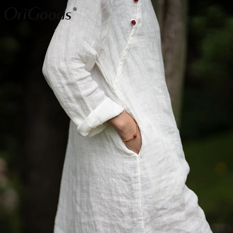 

OriGoods Long Blouse Women Linen Long sleeve Blouse Chinese style Linen Shirt Blouse Original Design Summer Tops Blouse E008