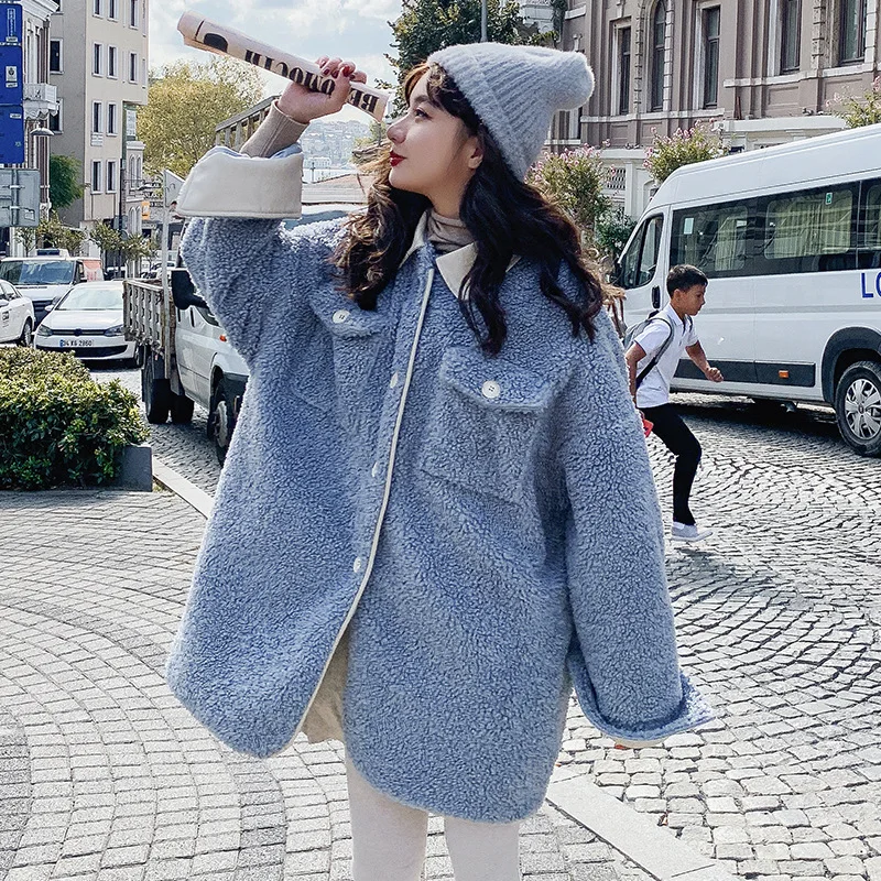 

fashion faux fur coat women winter Loose Long sleeve lambs wool jacket Single-breasted lapel Mid-length Ladies jacket L78