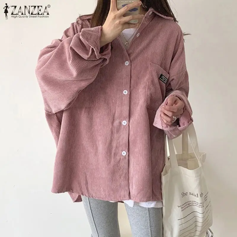 

Элегантная женская Однотонная рубашка ZANZEA, Повседневная Блузка на пуговицах с отворотом, Осенние винтажные вельветовые Топы с длинным рука...