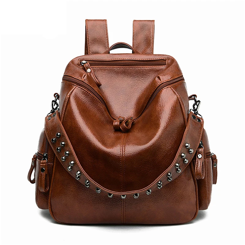 

Female Rivets Backpack Fashion Women Brown Bagpack Girls Large Capacity School Bags for Women Leather Backpack Purse Sac A Dos