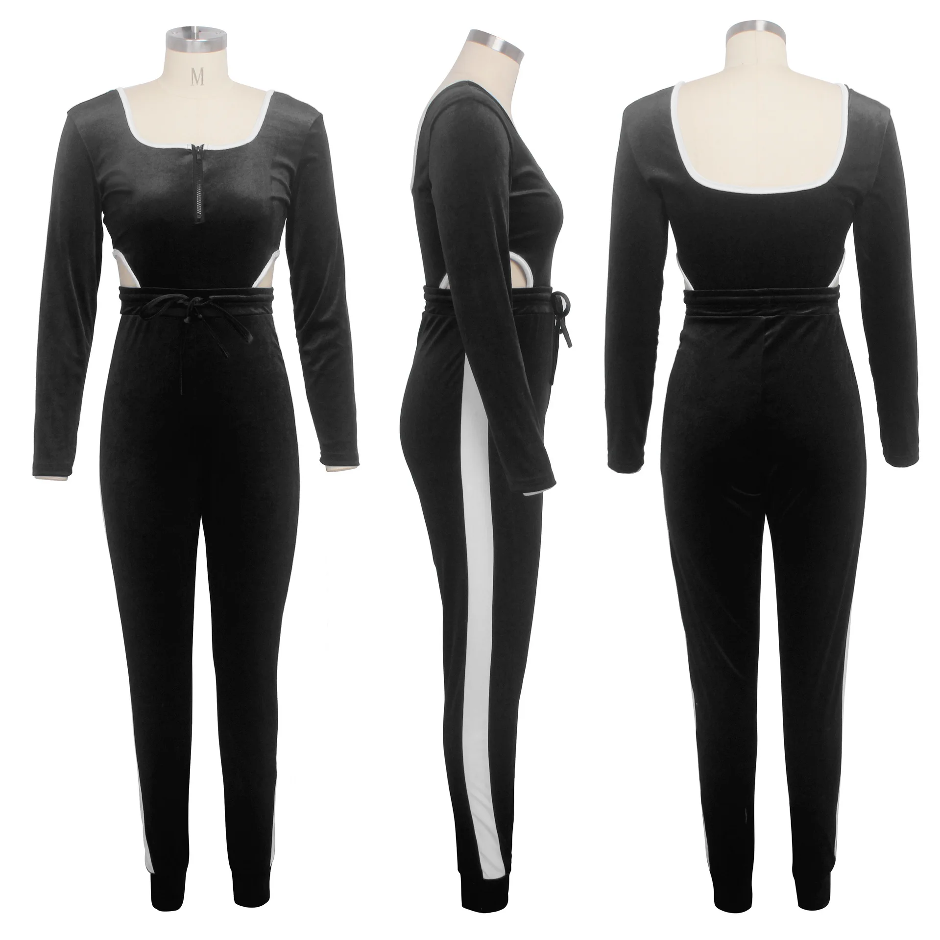 Женский бархатный комбинезон в полоску уличном стиле с длинным рукавом и