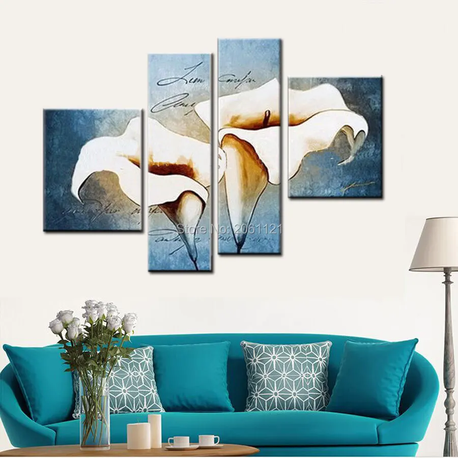 

high quality green blue hand painting modern decorative canvas oil painting for living room wall pictures cheap 4pcs Calla art