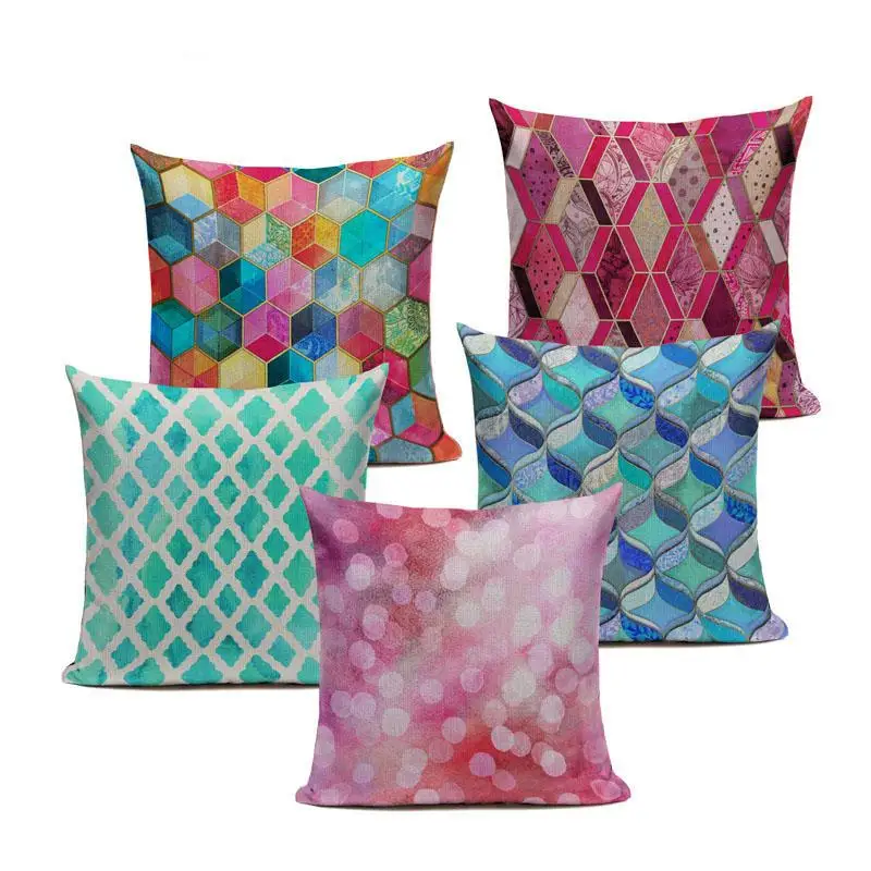 

Colorful Geometric Cushion Cover Green Pink Diamond Bedroom Car Cotton Linen Home Decoraction Sofa Mordon Custom Pillow Case