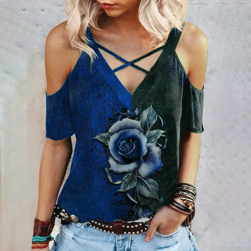 

Off Shoulder Blouse Women Sexy V Neck Rose Print Top Cropped Short Sleeve Casual Loose Plus Size Y2k Vintage Aesthetic Blouses