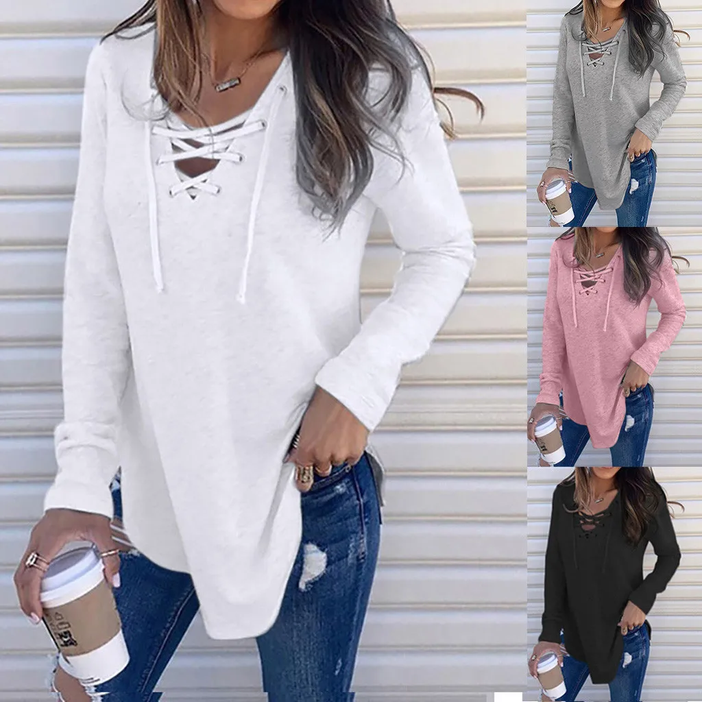 Женская футболка с длинными рукавами винтажный топ v-образным вырезом и поясом