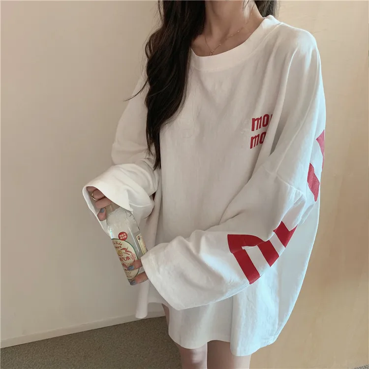 Ulzzang Топы mujer осень vogue корейский стиль одежда уличная панк с буквенным принтом Большие размеры с длинным рукавом Повседневная футболка женская
