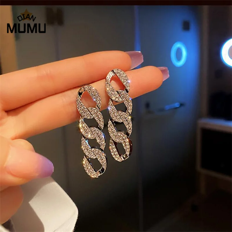 

Crystal Geometric Drop Earrings Cuba Chain Earrings for Women Silver Golden Color Chain Dangle Earrings Statement Jewelry Gifts