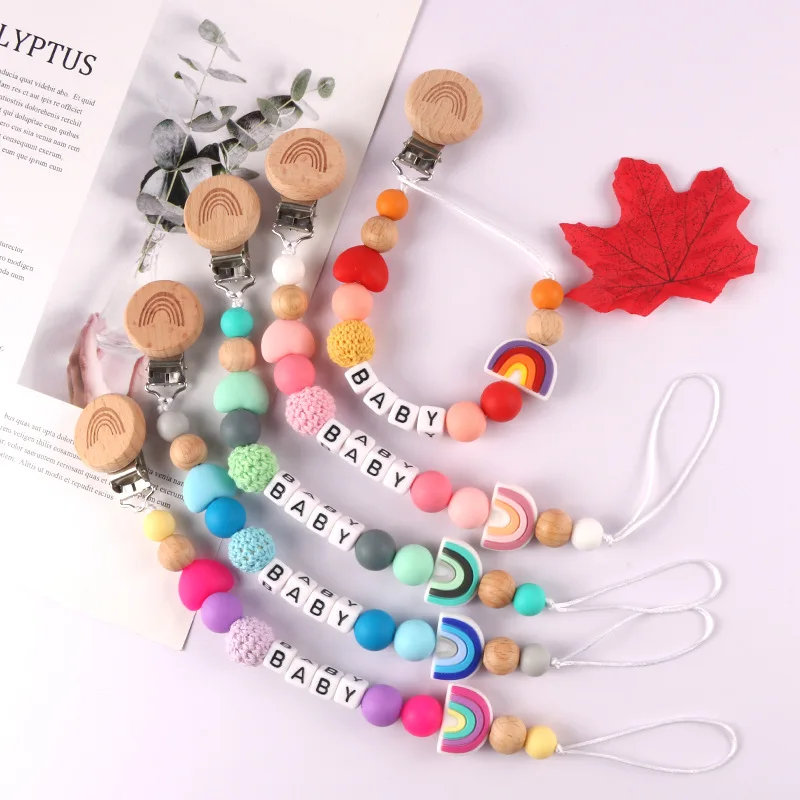 

New Rainbow Beech Pacifier Chain Personalized Baby Silicone Nipple Clip Customized Baby Name Rainbow Teether Anti-drop Chain