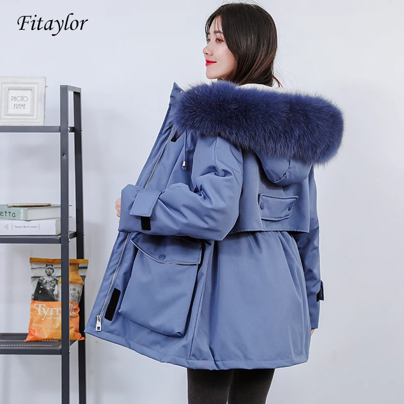 Fitaylor зимний большой пуховик с натуральным мехом Женская белая пуховая куртка