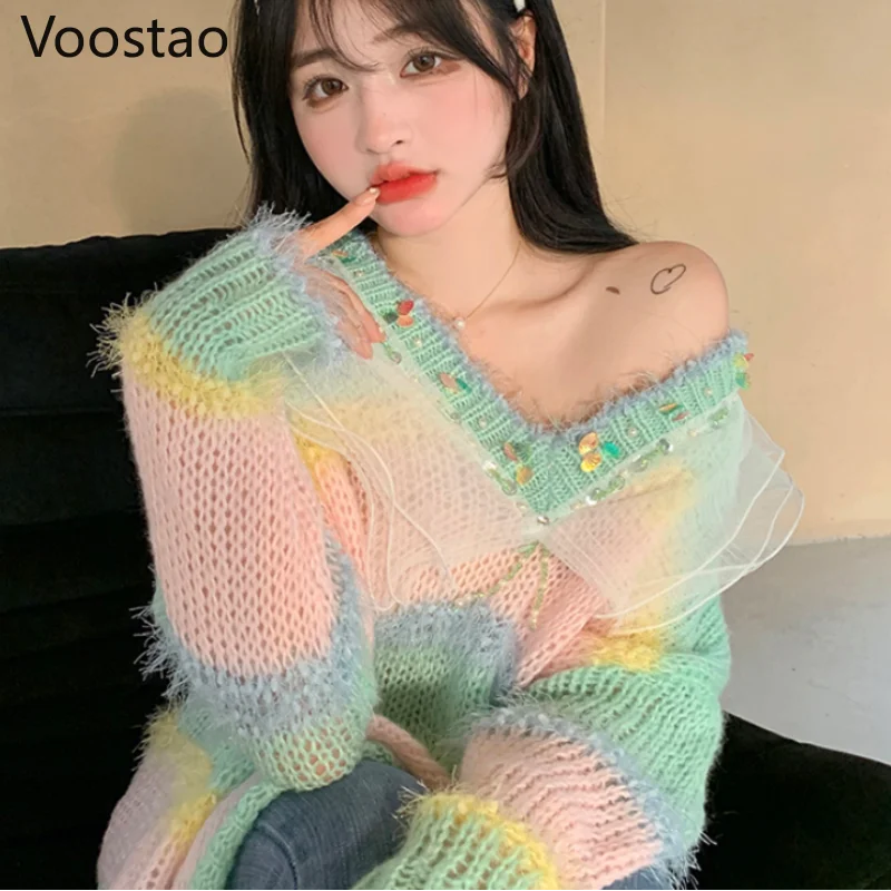 

Japanese Sweet Loose Knitted Pullover Women Korean Sexy V-Neck Decorative Sequins Mesh Sweater Coat Female Elegant Knitwear Tops
