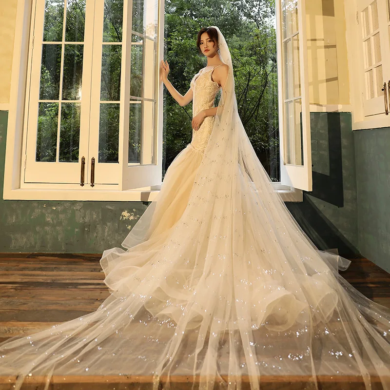 JaneVini с блестками Длинная свадебная Фата расческой один Слои элегантным дизайном