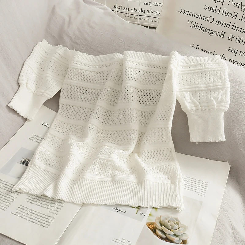 

Girls Cropped Tshirt Sexy Off Shoulder Crop Top Women Hollow Slim Tee Bandage Streetwear Knitting Vintage Pink Sweater Tops