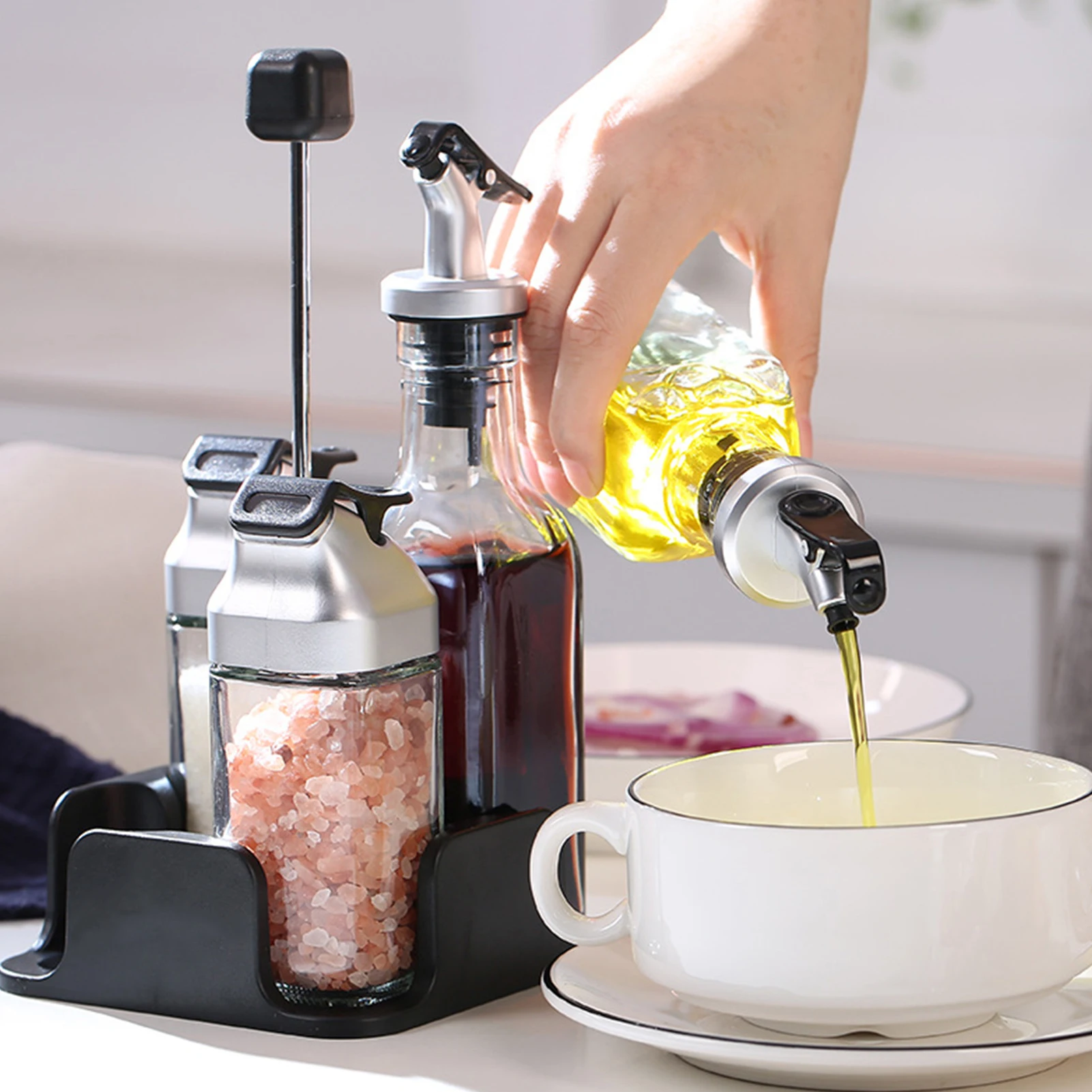 

Oil and Vinegar Salt Pepper Dispenser Set with Storage Tray Efficient and Practical Space Saving Ideal Gift for family