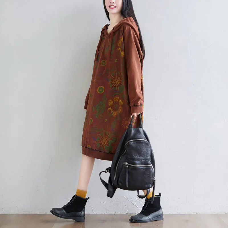

New 2021 Spring Women Vintage Loose comfortable cotton dress Elegant style hooded female dress Q262