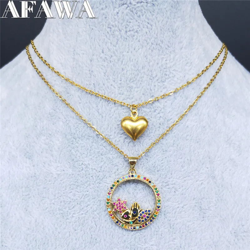 

Stainless Steel Shell Multicolor Zircon Copper Layered Necklace Gold Color Islam Hamsa hand Necklace Jewelry collares N67S01