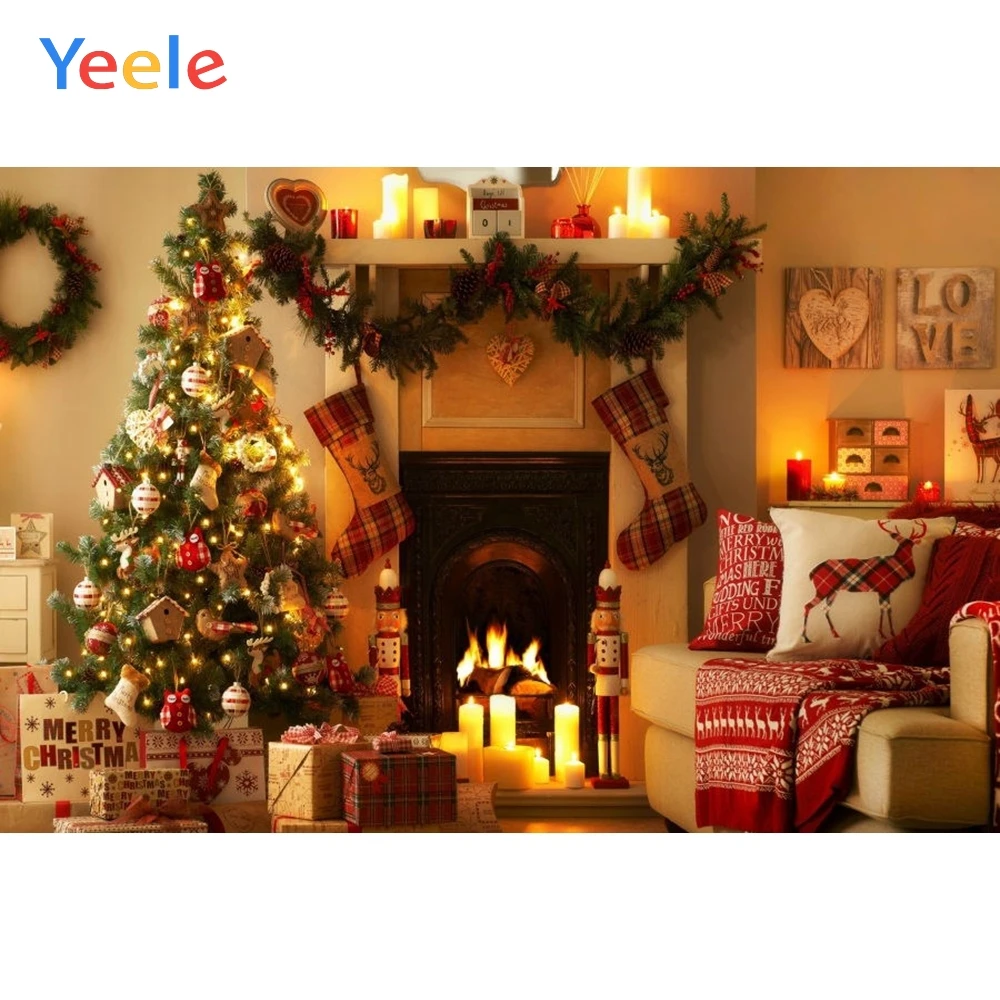 Рождественский камин огненная елка диван подарок фон новорожденный ребенок душ