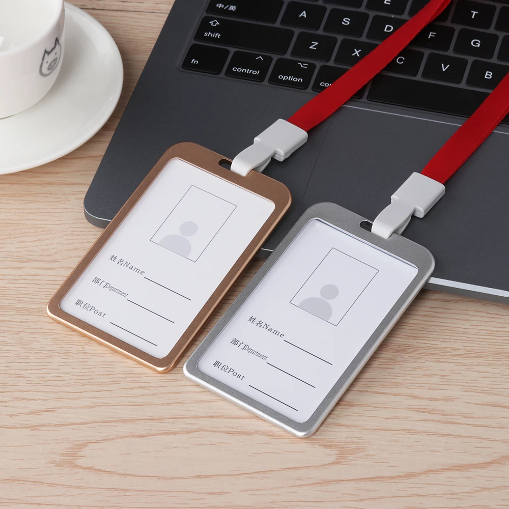 1 PC Aluminum Alloy Business Work Card ID Badge Vertical Metal Card Case Holders with Rope Office School Card Holder