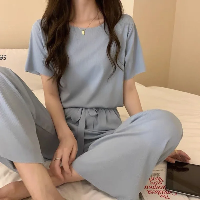 

Summer Suit For Women French Solid Color Ice Silk Sleepwear Pajamas Two Piece Set Home Wear Nightwear Comfortable Pyjamas