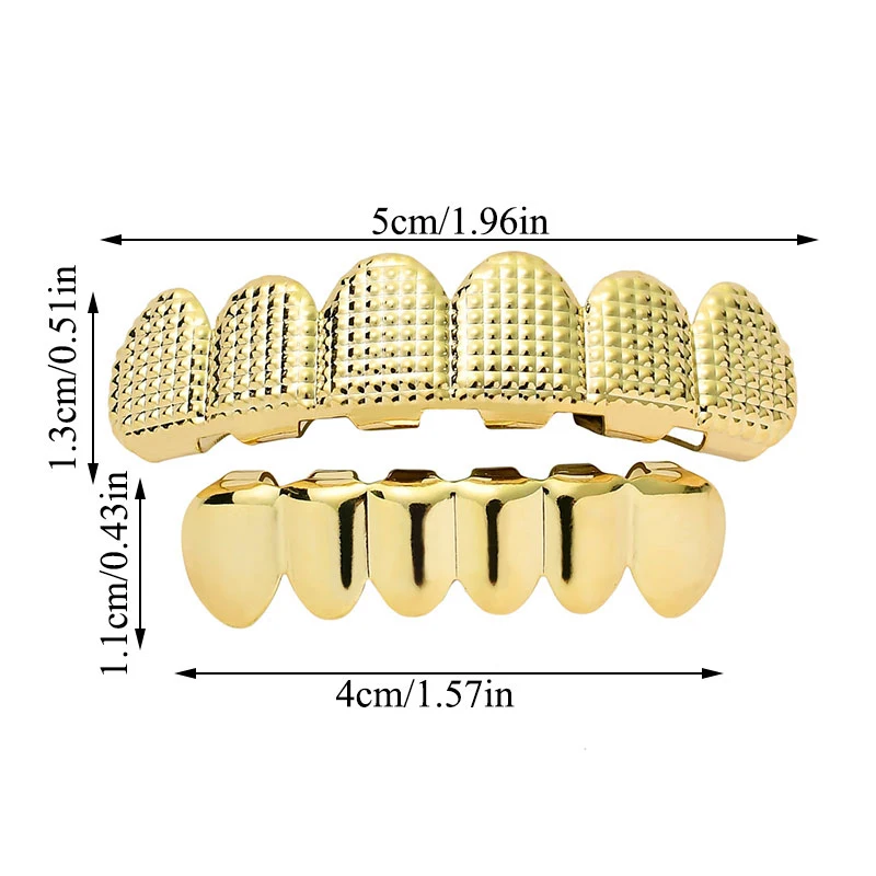 

Hip Hop Men's 6 Top & Bottom Teeth Gold Silver Color False Teeth Grillz Set Bump Lattice Dental Grills For Women Body Jewelry