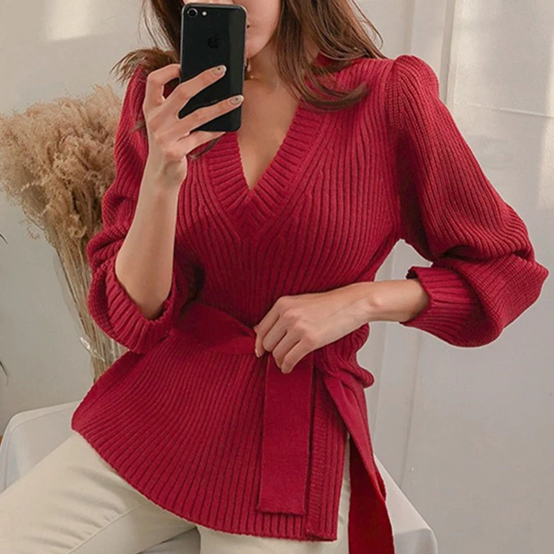 Flectit женские v-образным вырезом свитер с поясом буфами на рукавах пуловер