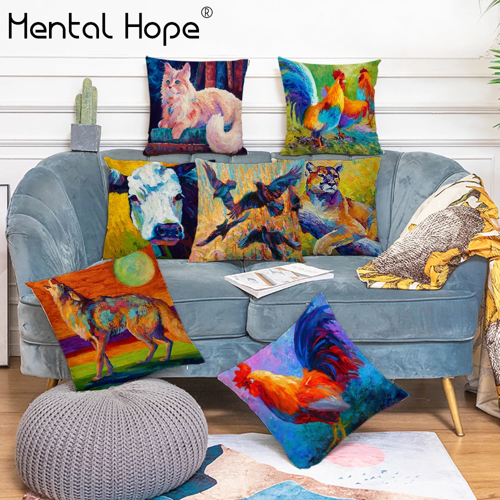 

Oil Painting Printed Cushion Cover Cartoon Pattern Pillow Cover Living Room Decorative Square Pillowcase Home Decor Funda Cojin