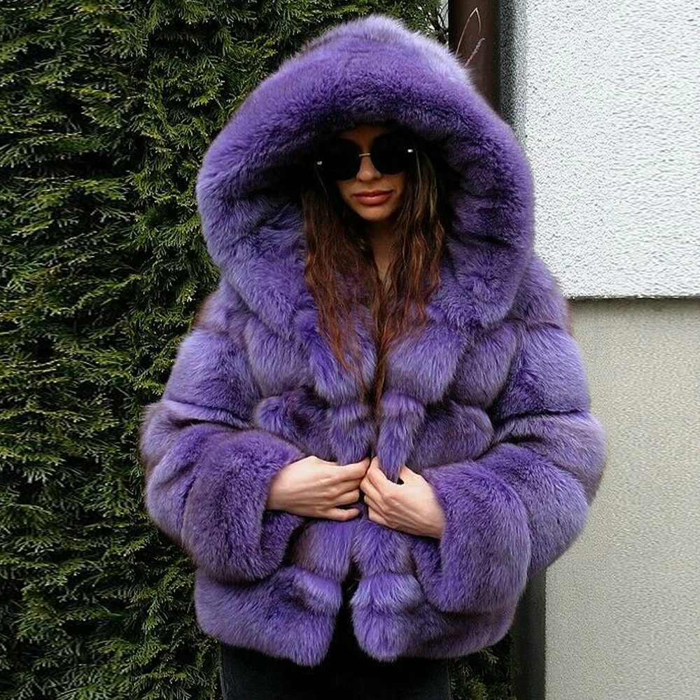 Fashion Purple Real Fox Fur Jacket with Hood Thick Warm Natural Fur Overcoat Luxury Woman Full Pelt Fox Fur Coats Winter Outwear