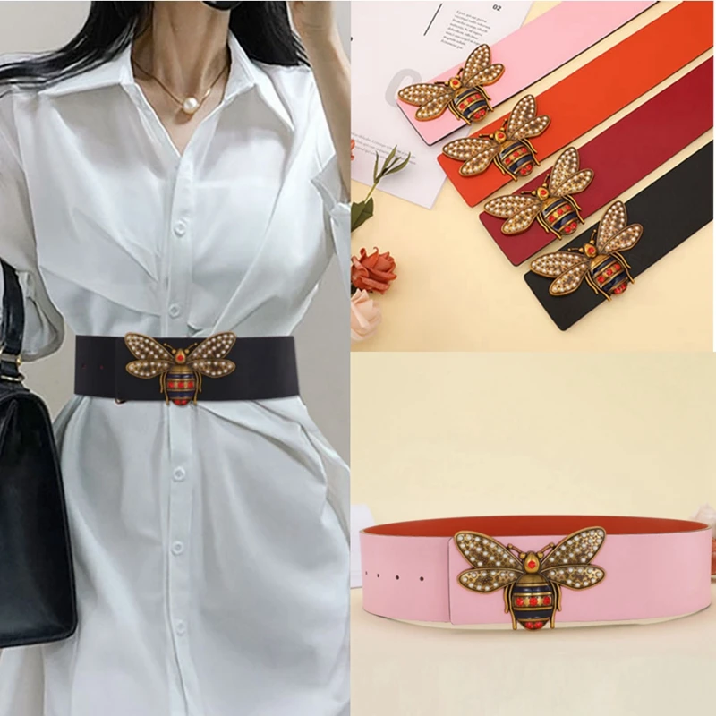 

New Luxuey Designer High Quality Split Leather Wide 7CM Women Belts Bee Big Buckle Waist Cummerbunds for Dress