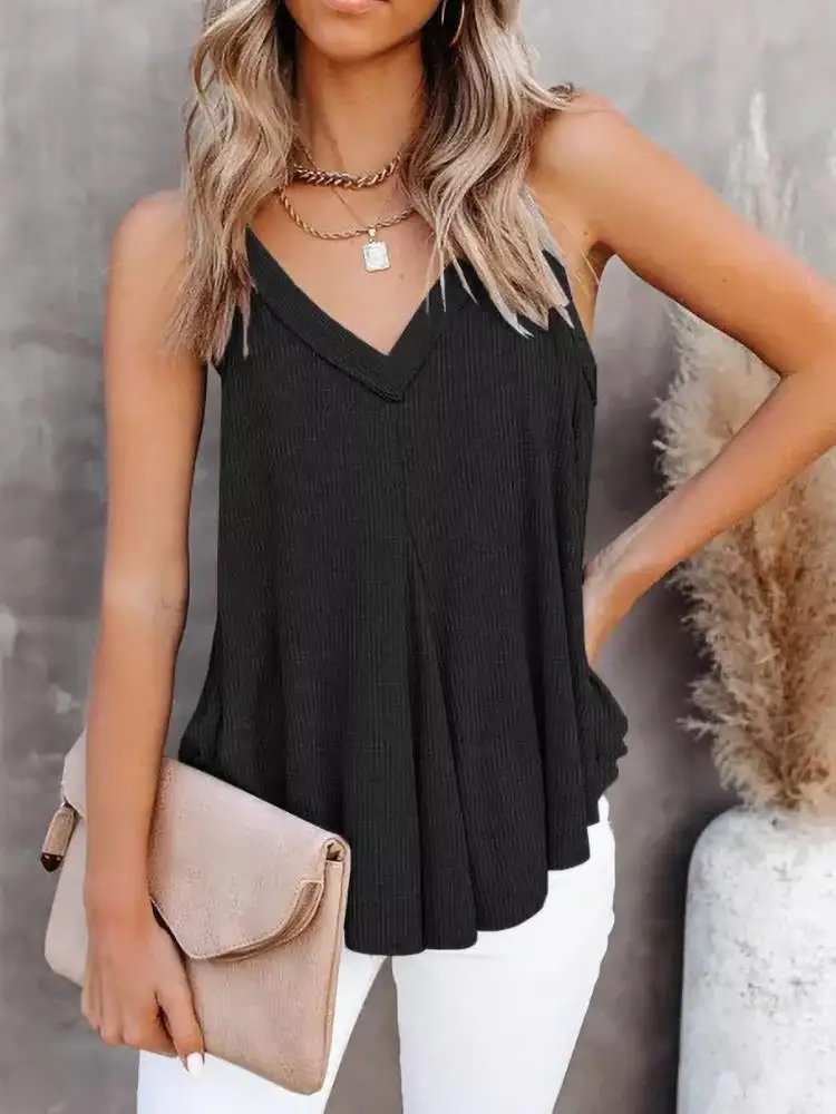 

New Women's Tank Tops Sexy Black Folds V-neck Vest Irregular Hem Sleeveless Women's Camis Cotton Shirt Fashion Ladies Clothes