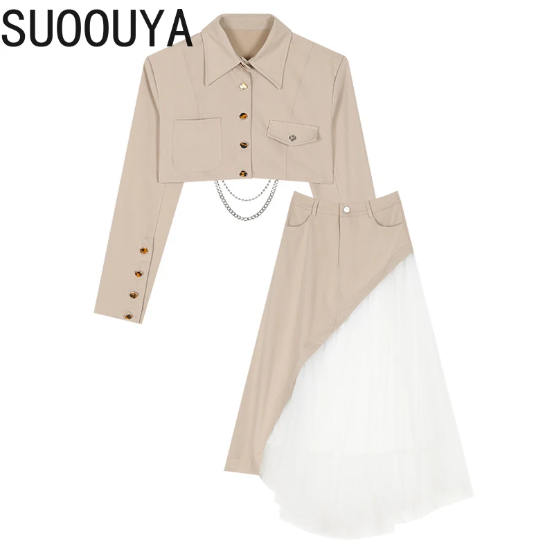 

[SUOOUYA] Women Long Sleeve Irregular Khaki Half-body Skirt Two Pieces Suit New Lapel Loose Fashion Spring Autumn Female 2021