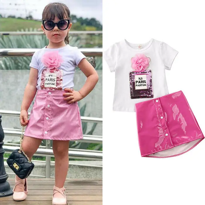 Conjunto de ropa para niñas pequeñas, camiseta con flores en 3D, Tops, faldas de cuero rosa, vestido de verano, 2-7 años, 2020