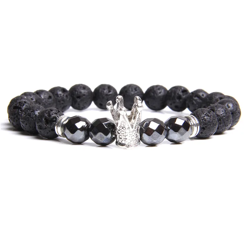 Fashion Men Bracelet Natural Black Lava Volcanic Stone &amp Hematite Beads Crown Charm Jewelry for Women Homme | Украшения и