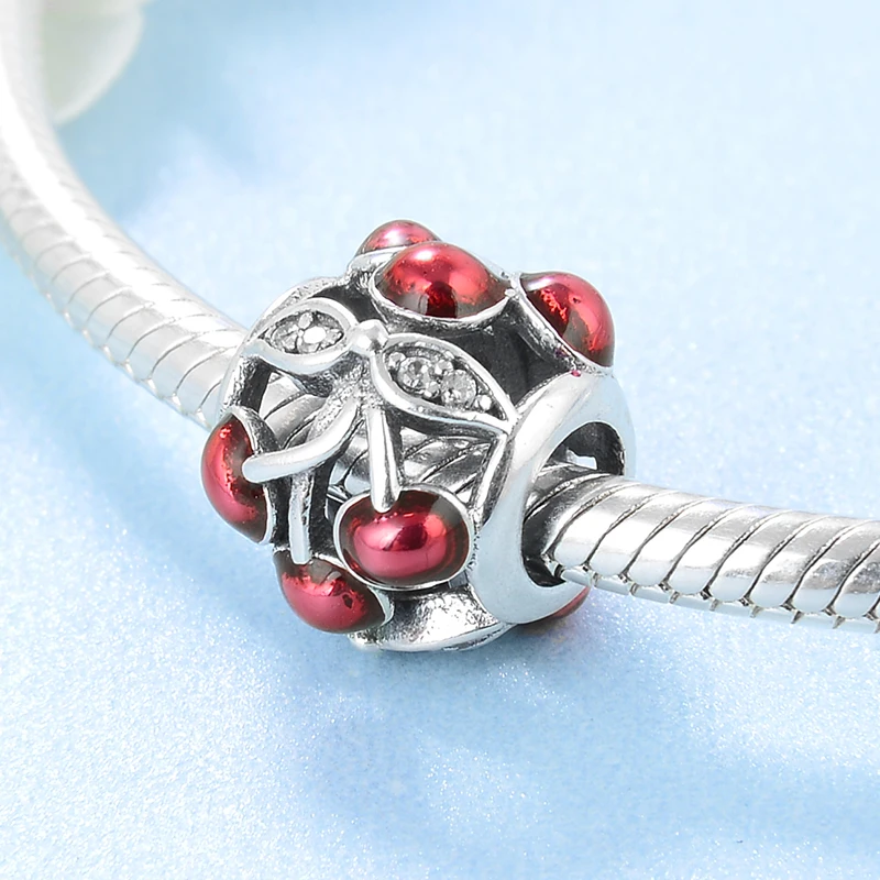

925 Sterling Silver Sweet red cherry Hollow out charms Zircon DIY Beads Fit Original europeu Charm Bracelet Jewelry making