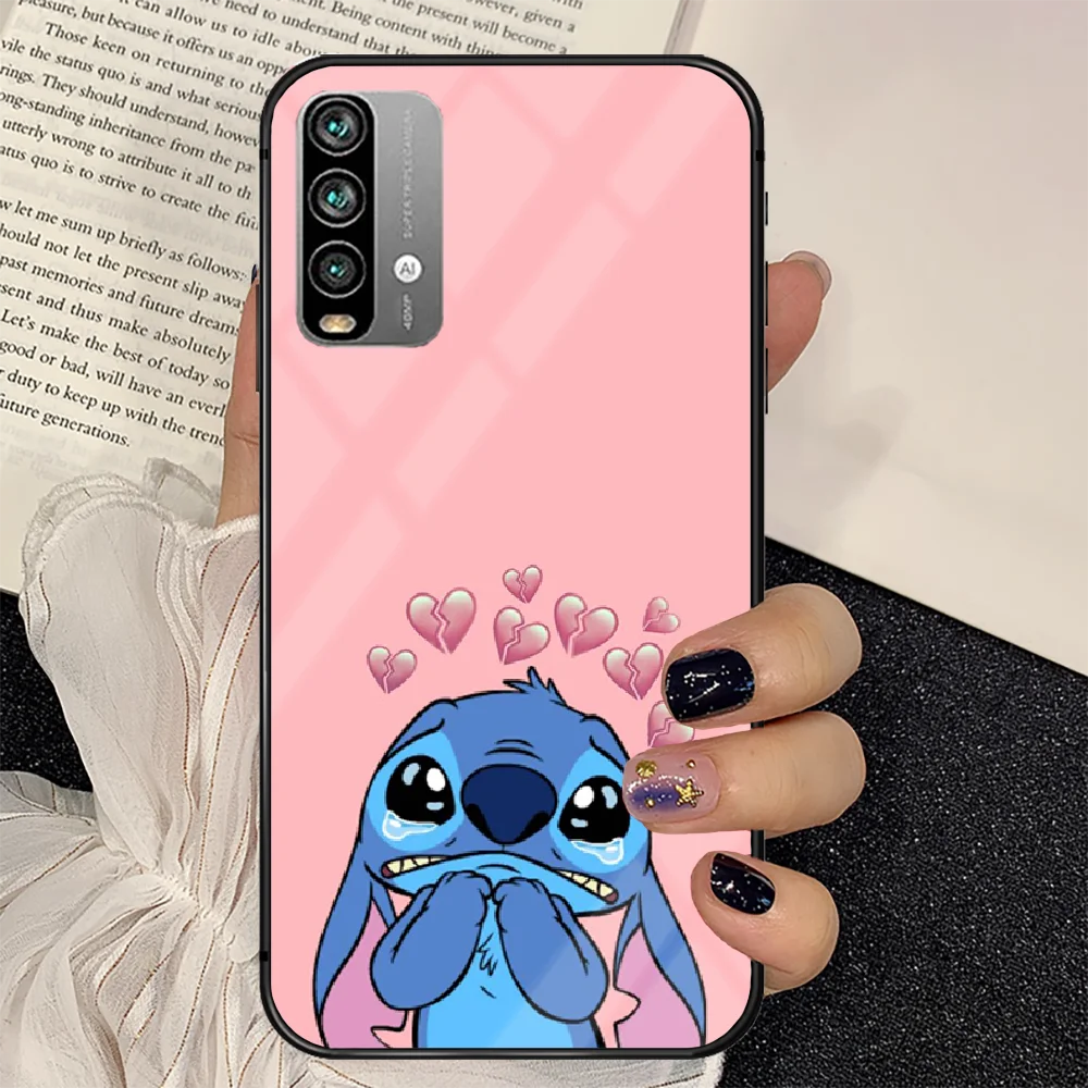 

Cute Cartoon Blue Stitchs Phone Tempered Glass Case Cover For Xiaomi Redmi note k 7 8 9 10 30 40 A C T S Pro Black Silicone