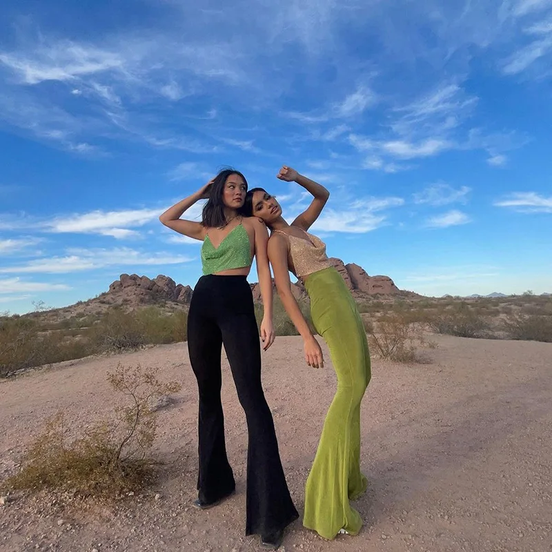 

2021 Spring and Autumn New Arrival Women's Trousers Casual Brand Solid Color High Waist Slim Long Flared Pants