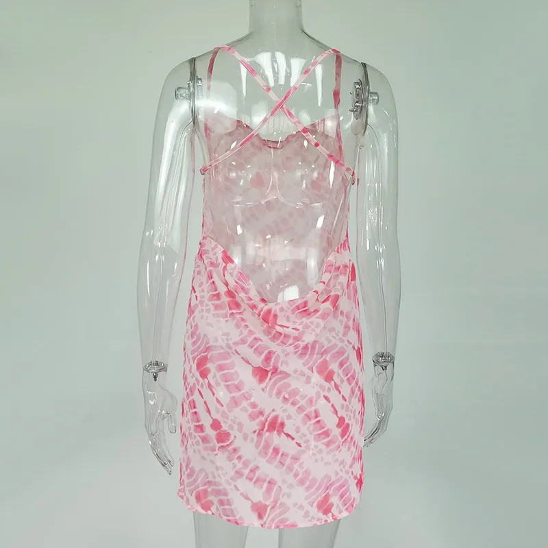 

2021 Spring and Summer Dress New Sexy Pink Tie-dye Beach Open Back Hollow Perspective Lace Split Pile Collar Mini Skirt Women