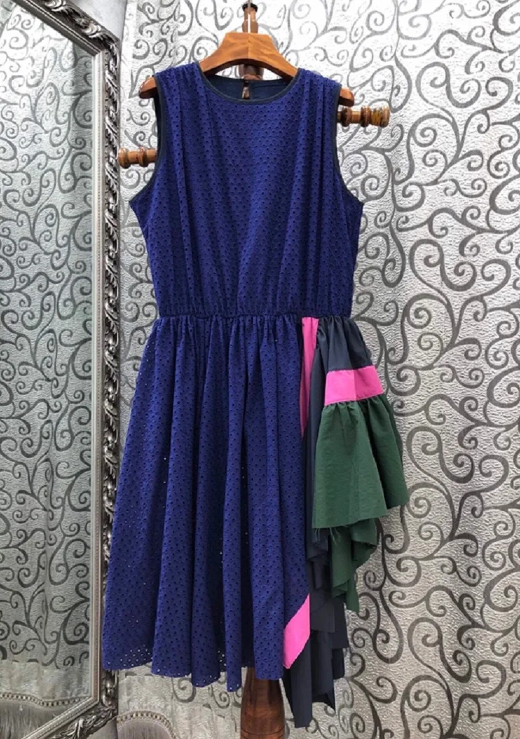 

2020 Summer Fashion Style High Quality Ladies O-Neck Hollow Out Embroidery Striped Print Patchwork Sleeveless Cotton Dress