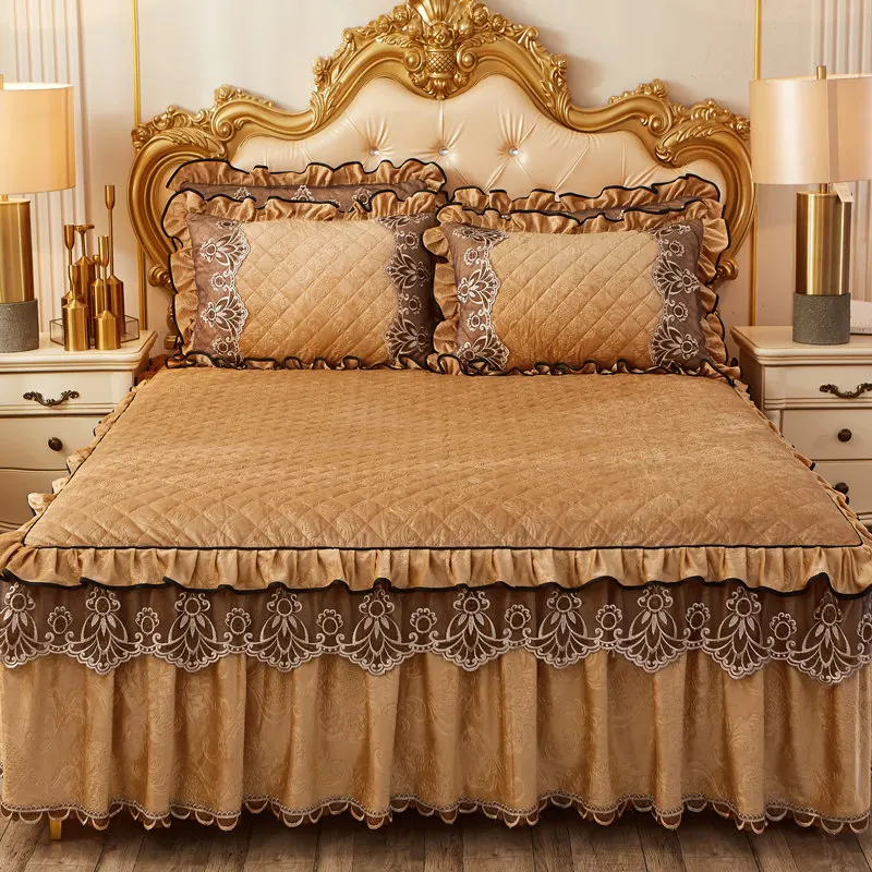 Европейский бархат кружева тиснением стеганое покрывало для кровати рюшами