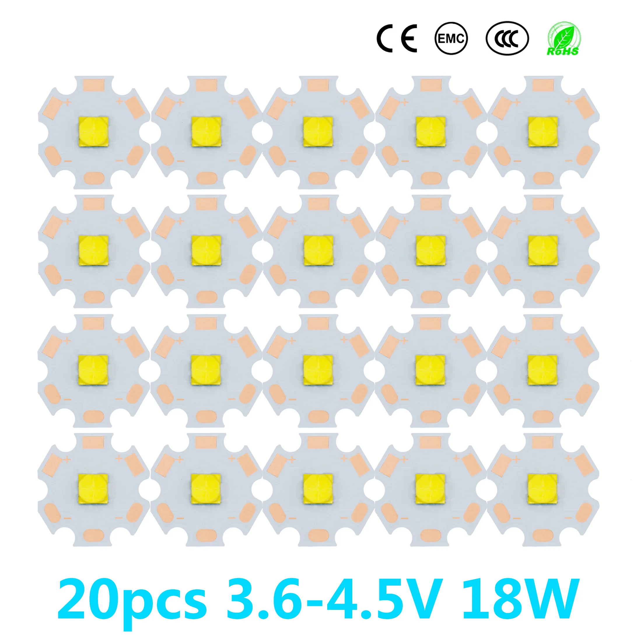 

20pcs 18W Lights Full Power LED 3.6-4.5V 4A XHP50 LED For Flashlight Lamp Bead White 6500K With 20mm Copper bracket PCB DIY