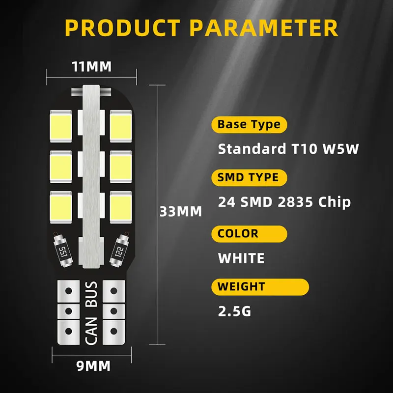 10PCS Canbus T10 Led W5W Car interior lights 168 194 LED Bulb For lamps Side Light bulbs on cars License Plate Lamp - купить по
