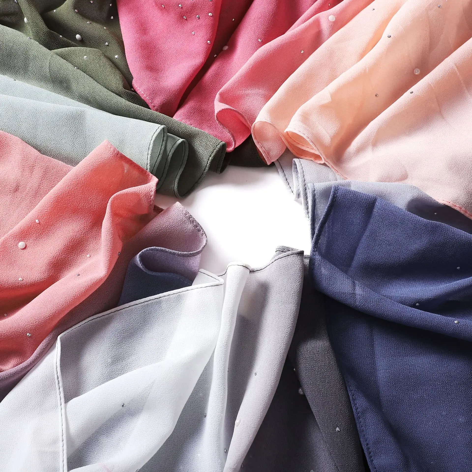 

New Trend Hijab Muslim Women's Headwrap Two-color Gradient Chiffon Long Scarf Shawl Porcelain Gypsophila Diamonds Islam Turban