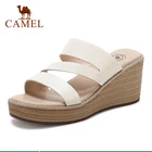 Женские кожаные шлепанцы CAMEL, лето обувь на танкетке на платформе г., элегантные шлепанцы на высоком каблуке, модные шлепанцы, 2021
