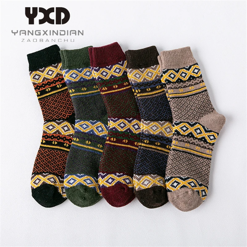 5 Pairs/Men's Socks Winter Thicker Warm Christmas Socks National Style Socks With Print Long Gift For Men Socks Man Wool Socks