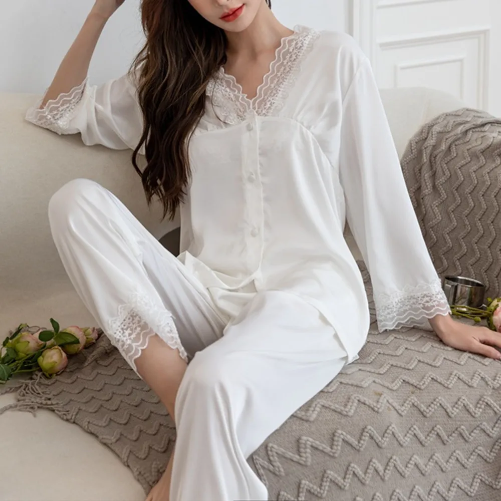 

Fdfklak Long Sleeve Trousers Pijamas Lace Sleep Tops Casual Home Clothes Suit Silk Pajamas Women's Spring Autumn 2022 New
